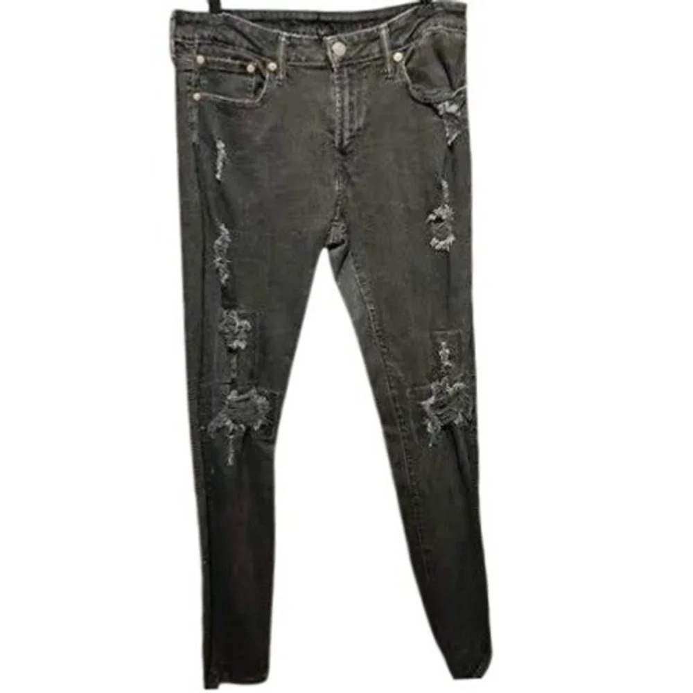 Mens American Eagle Black Distressed Ripped‎ Skinny Jeans PunK Fashion